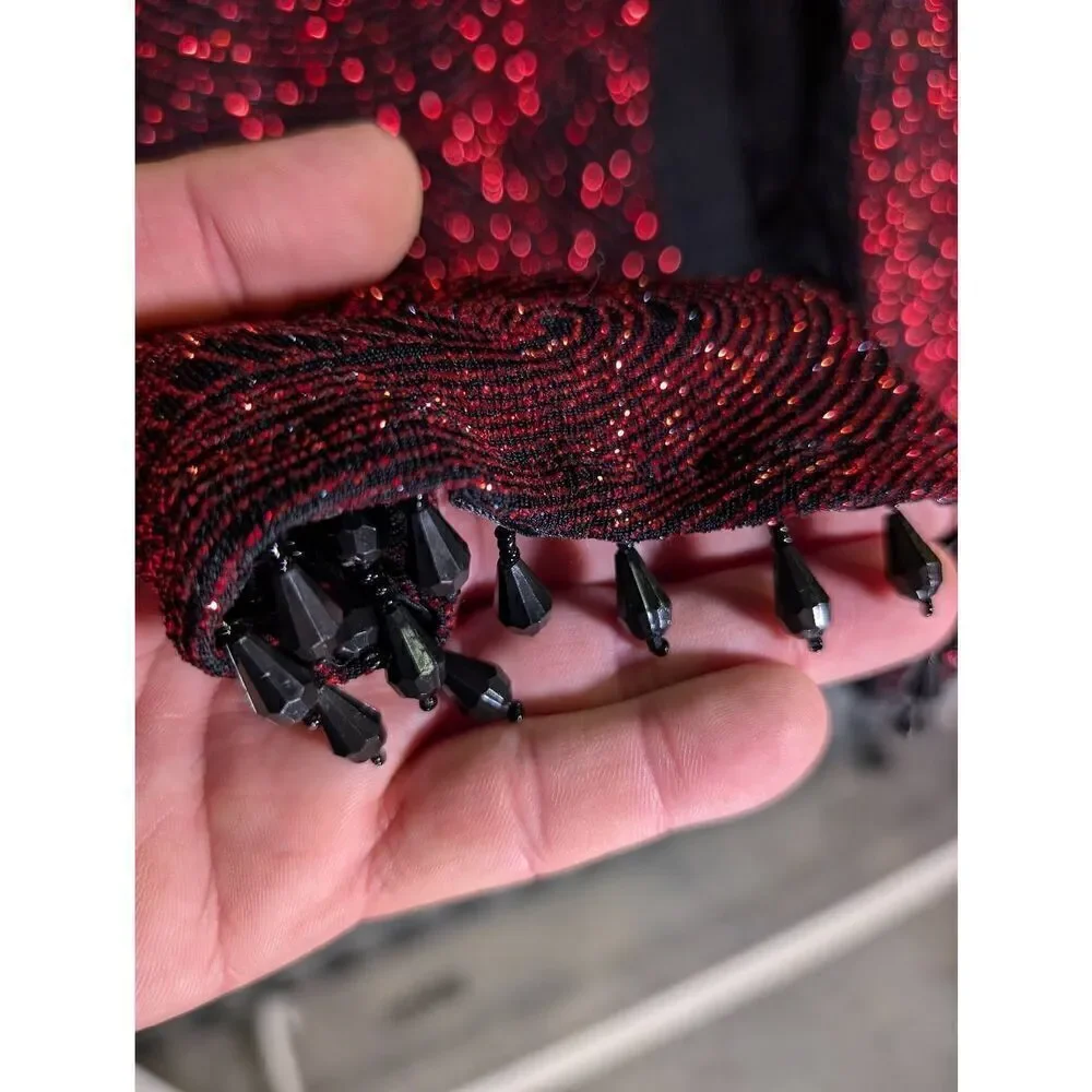 MSK Cardigan Jacket Red/Black All Over Beaded Embellished Artsy Evening Women's
